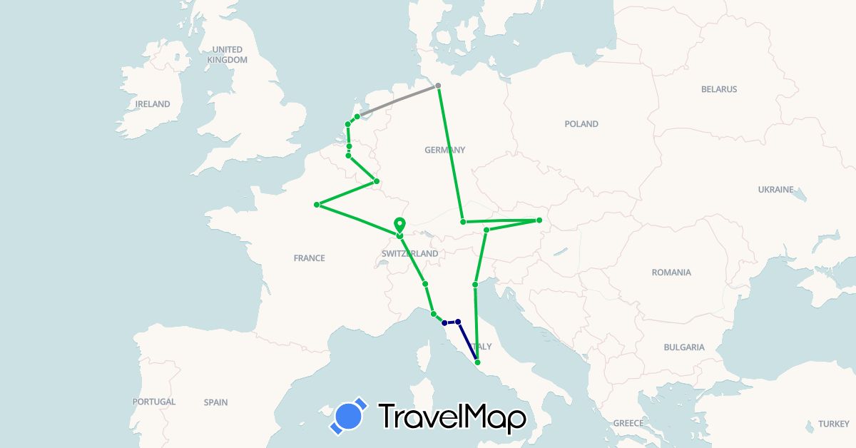 TravelMap itinerary: driving, bus, plane in Austria, Belgium, Switzerland, Germany, France, Italy, Luxembourg, Netherlands (Europe)